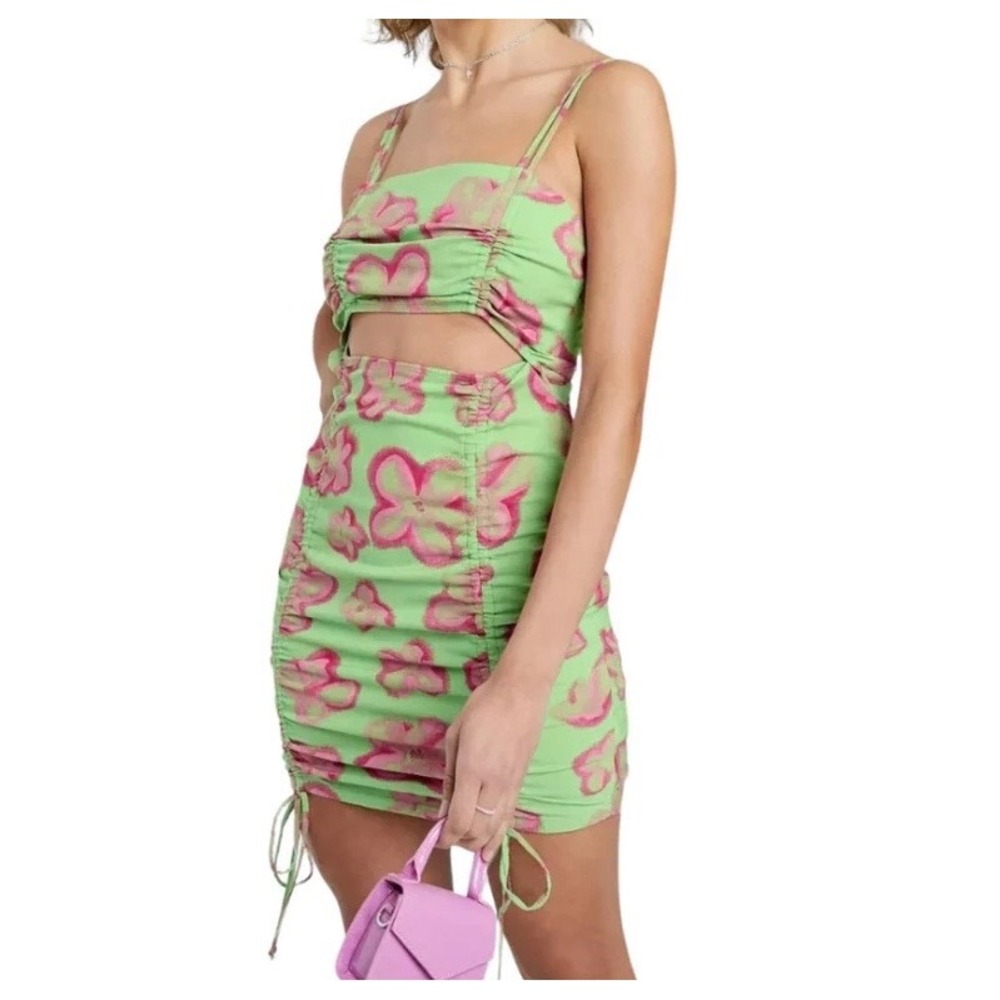 Wild Fable‎ Womens Floral Ruched Cutout Mini Dress Lime Green Pink
